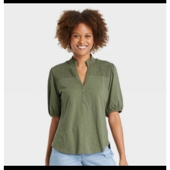 Knox Rose Tops - Knox Rose Puff Sleeve V-Neck Smocked Top Womens Size XXL Shirt Olive Green